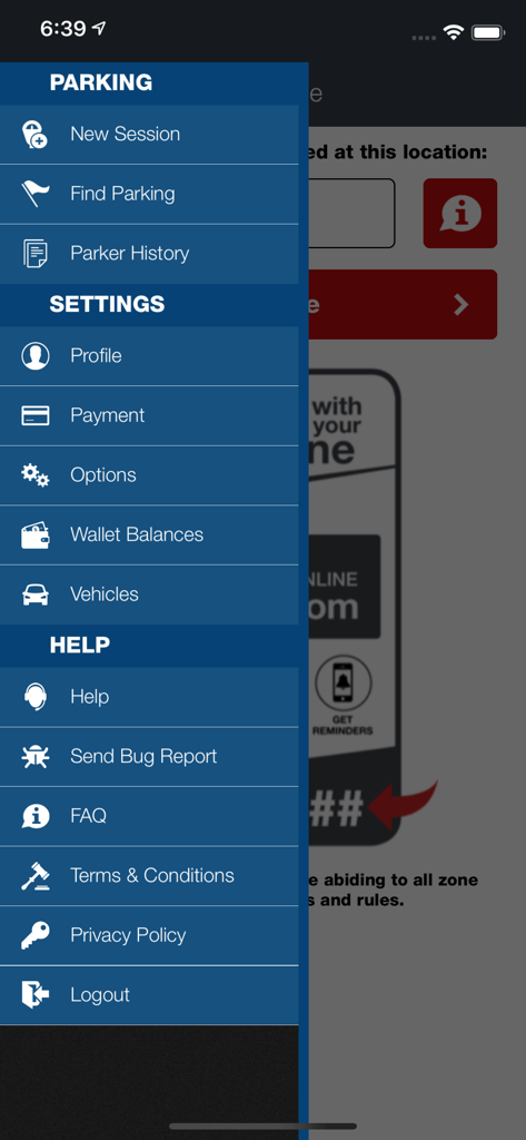 Passport Parking Canada - Side navigation menu of the Passport Parking Canada app displaying account settings and parking options