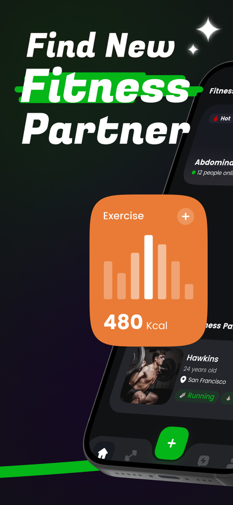 Fierr: Where Flow Meets People - Fierr app screen showing fitness partner search and calorie tracking stats