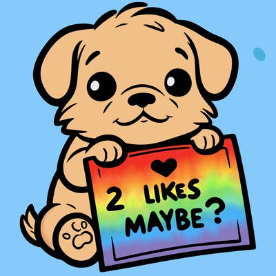 a puppy holding a sign that says 2 likes maybe?