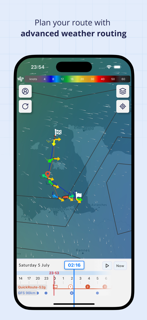 Interface de l'application mobile Squid affichant une carte d'un itinéraire de navigation hauturière avec les données de vitesse et de direction du vent