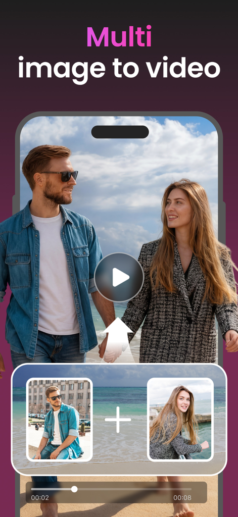A mobile app interface from Wondersnap showing the multi image to video feature that combines two separate photos into a single animated video clip