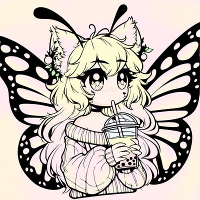 a realistic butterfly/furry girl drinking boba
