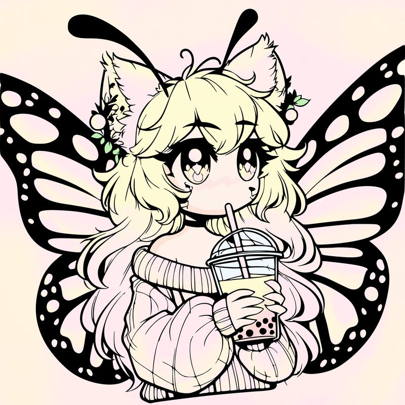 a realistic butterfly/furry girl drinking boba