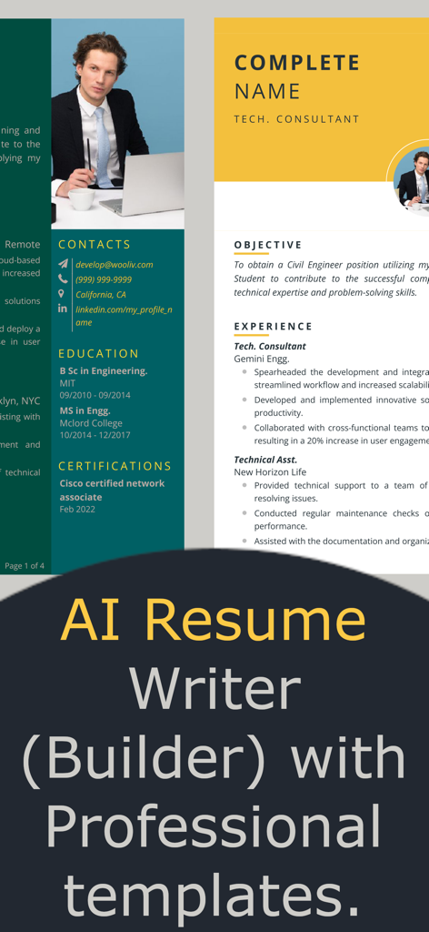 AI Resume Writer Genius: Resji - Plantillas de currículum profesionales con secciones personalizables mostradas en la interfaz de la aplicación AI Resume Writer