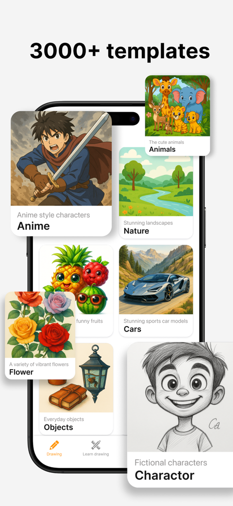 AR Drawing - Trace Anything - A smartphone display showcasing various drawing templates including anime animals and nature with the text 3000 plus templates