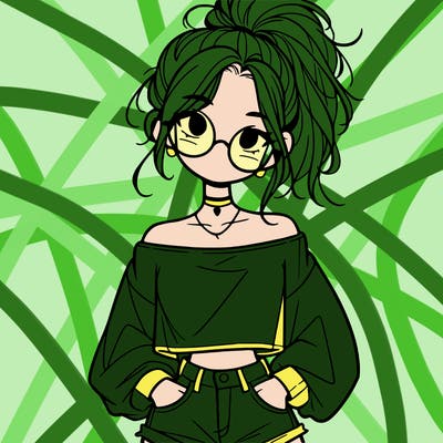 girl with a messy ponytail glasses a baggy crop top and jean shorts