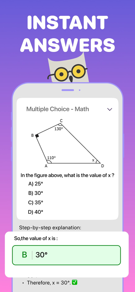 Socratic Homework AI - Interfaz de la aplicación móvil Socratic AI que muestra una solución instantánea y explicación paso a paso para un problema de matemáticas de geometría