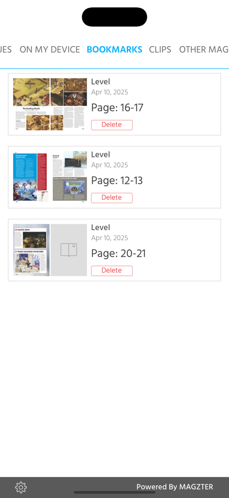 Level Dergisi - Bookmarks page in the Level Dergisi app showing saved magazine articles and page numbers