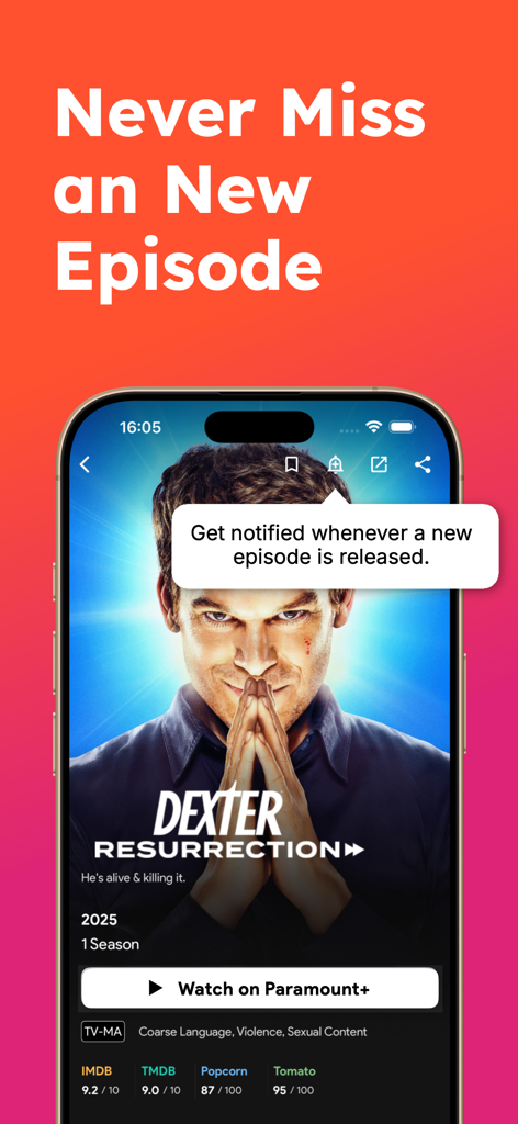 Upflix app interface showing a notification alert for a new episode release and content ratings