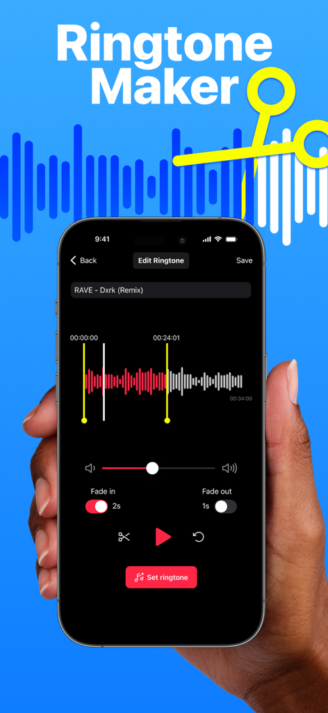 Tik Ringtones - Garage Maker - Pantalla de iPhone mostrando la interfaz de edición de audio de la aplicación Tik Ringtones con forma de onda y herramientas de recorte