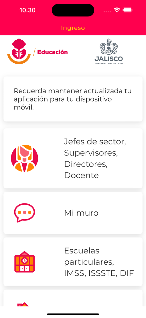 Main menu of the APPrende Jalisco mobile app with options for teachers and schools in Spanish