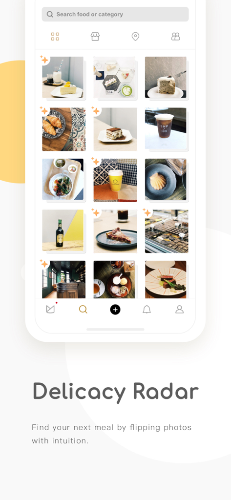 MENU - Eat Like Local Foodies - Interfaz de la aplicación móvil mostrando una cuadrícula visual de fotos de comida para el descubrimiento de platos