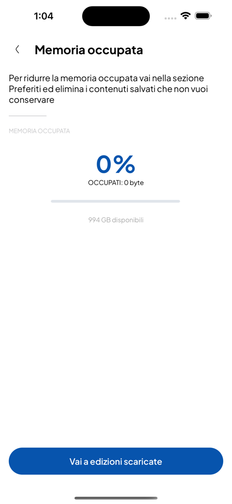 Bresciaoggi - Schermata dell'app Bresciaoggi che mostra l'utilizzo dello spazio di archiviazione allo zero percento e un pulsante per visualizzare le edizioni scaricate