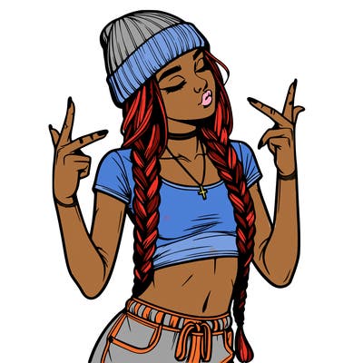 realistic teenage girl with braids and a beanie and crop top doing 🫶🏼