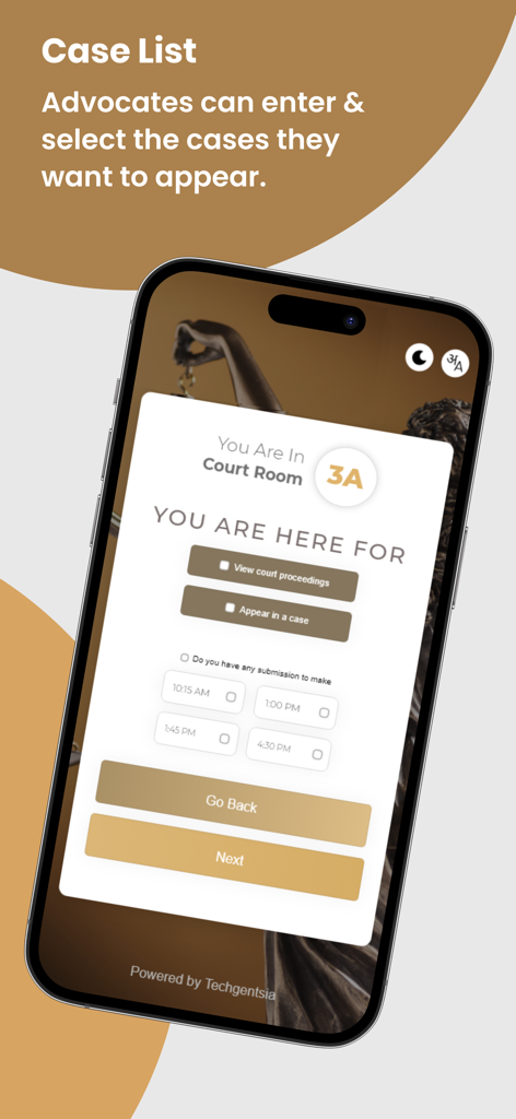 Vconsol-TSHC - Interfaz de aplicación móvil para que los abogados seleccionen casos y entren en salas judiciales virtuales en Vconsol TSHC.