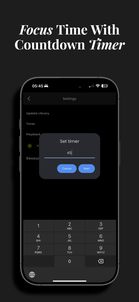 963 Player Plusアプリのインターフェースに、集中セッションのためのカウントダウンタイマー設定画面が表示されている。
