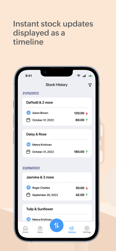 Inventory Stock Tracker - Zoho - 在庫更新と在庫履歴の時系列を表示するモバイルアプリインターフェース