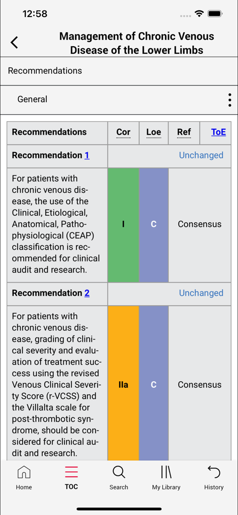 ESVS Clinical Guidelines - Table of clinical recommendations for chronic venous disease management in the ESVS app