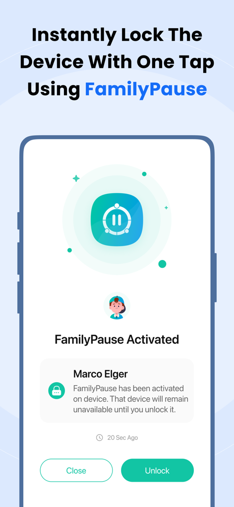 FamilyTime app interface displaying the FamilyPause feature to instantly lock a child's device