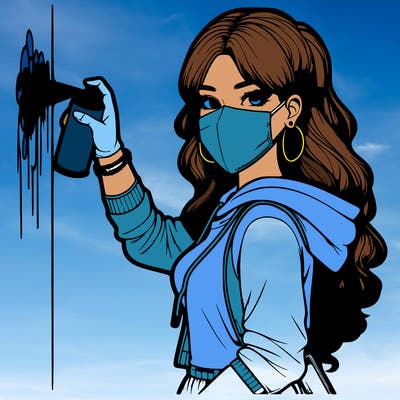 realistic girl with mask spray painting a wall