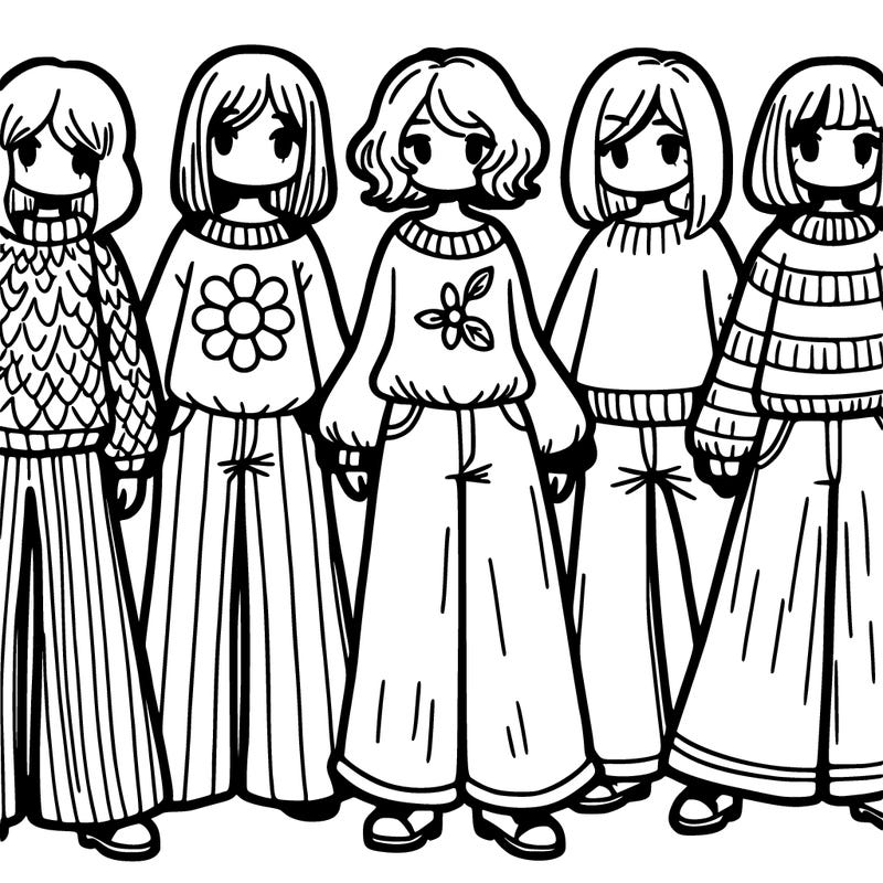 draw a group of six girls with baggy sweaters and bell bottoms