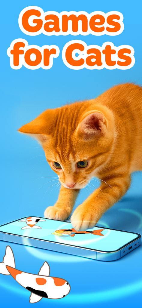 Games for Cats: Fish & Mouse - An orange kitten playing a digital fishing game on a smartphone screen