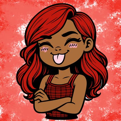 realistic girl crossing her arms and wearing a tank top with her tongue held out she has long hair