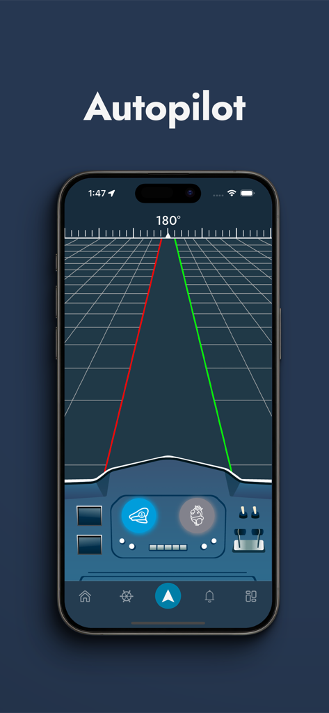iHoy Captain app showing the autopilot navigation screen with heading and grid view