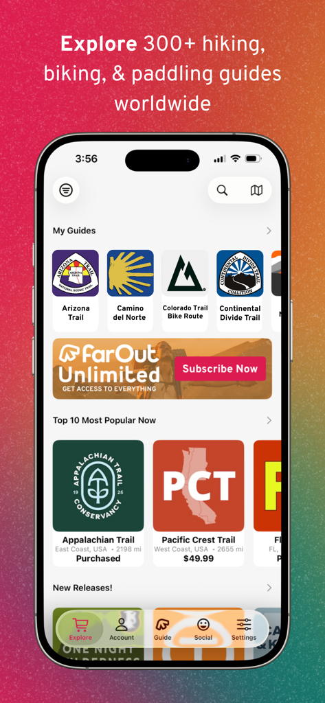 FarOut mobile app interface showing a library of hiking and biking trail guides like the Appalachian Trail and Pacific Crest Trail
