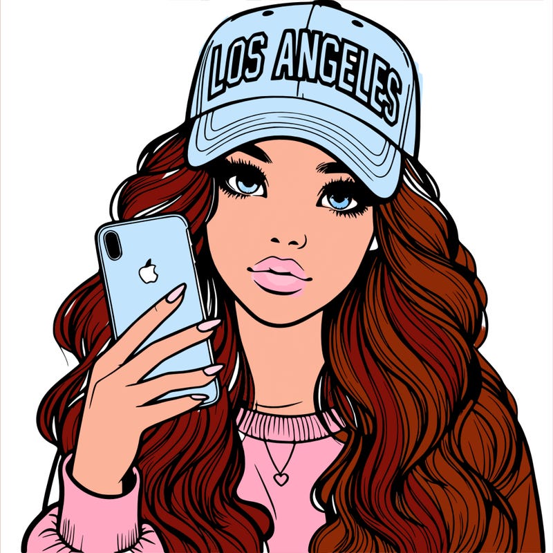 realistic beautiful girl wearing los ángeles cap holding an iphone