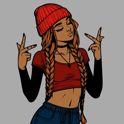 realistic teenage girl with braids and a beanie and crop top doing 🫶🏼