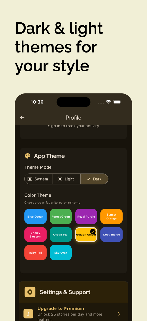 Plotika - Interfaz de la aplicación Plotika que muestra el modo oscuro y varias opciones de personalización de temas de color