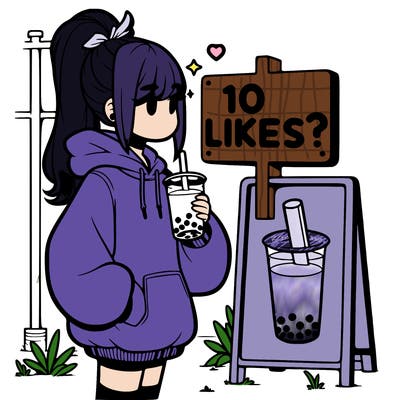 girl with oversized hoodie drinking boba and she has a high ponytail with a sign that says 10likes?