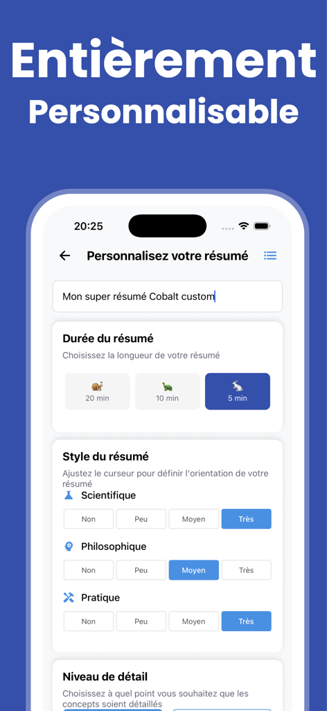 Cobalt : Book Summaries - A screen showing options to customize book summary duration and style in the Cobalt app