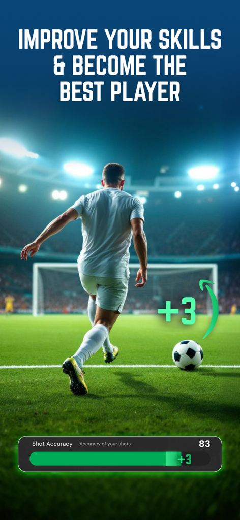 Un jugador de fútbol pateando un balón en un estadio con una superposición que muestra un aumento de la precisión de tiro de más tres puntos