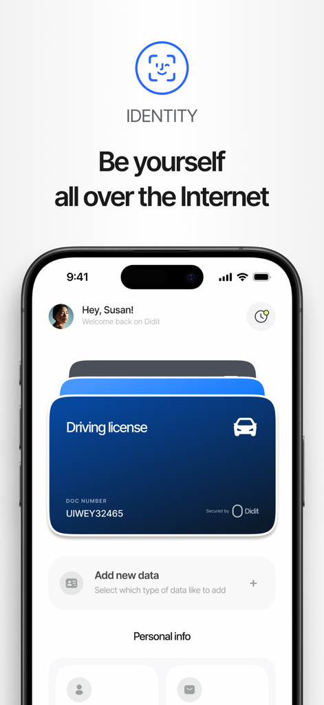 Didit - Screenshot of the Didit app showing a digital driving license and identity verification options on an iPhone