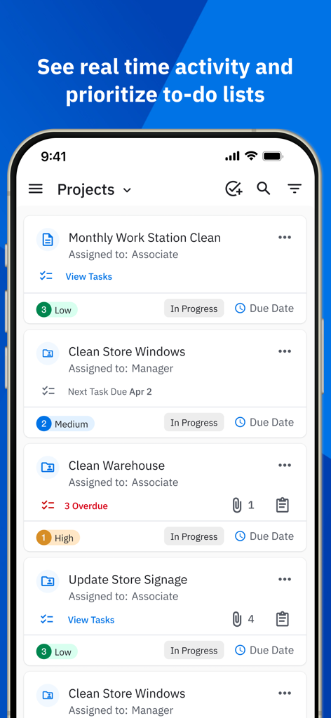 Workcloud My Work - Zebra Workcloud My Work app interface showing a list of assigned projects with priority levels and task statuses
