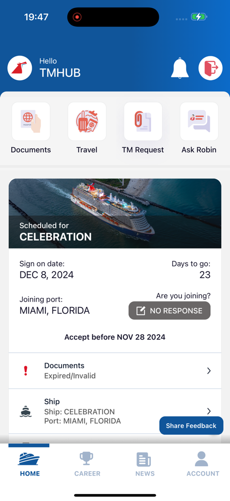 TMHub - Pantalla de inicio de la aplicación TMHub que muestra los detalles de la asignación del barco de la tripulación y el puerto de embarque en Miami.