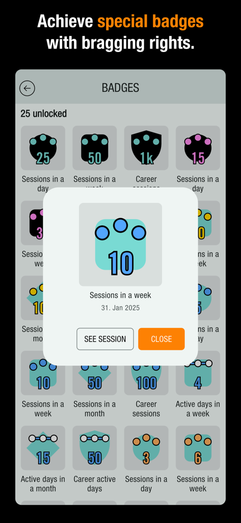 Schermata dei distintivi dell'app Spalding TF DNA che mostra tappe e obiettivi di allenamento del basket