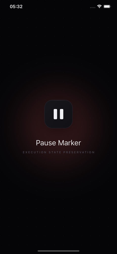 Splash screen of the Pause Marker app featuring its pause logo and the tagline Execution State Preservation on a dark background.