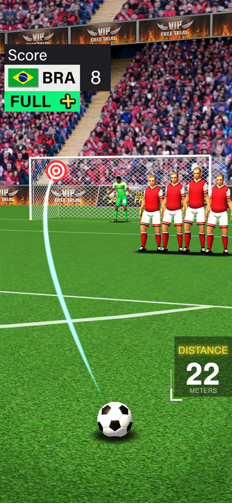 A soccer free kick gameplay screenshot showing a curved shot towards the top corner of the goal.