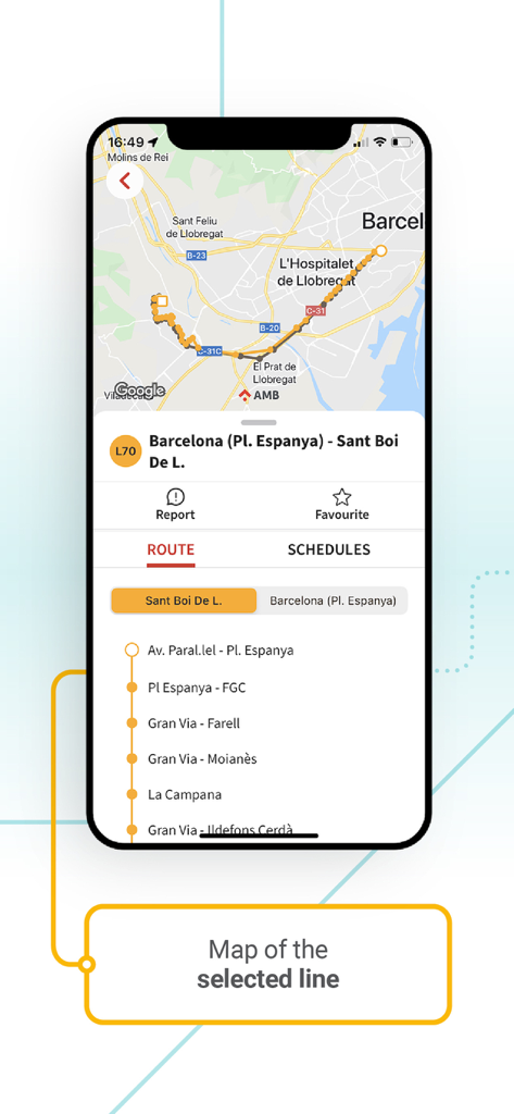 AMB Mobilitat (Picmi) - A map showing a bus route and its list of stops in the Barcelona metropolitan area.