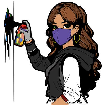 realistic girl with mask spray painting a wall