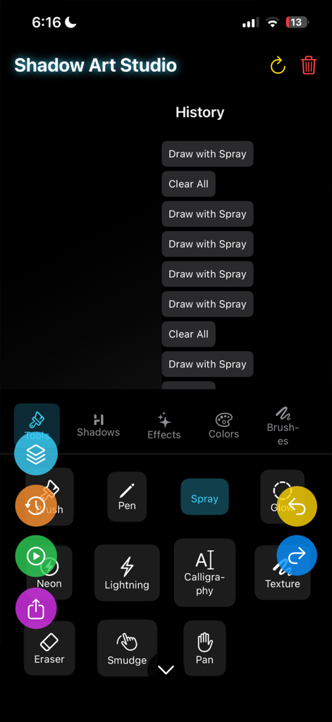 Shadow Draw - Interface of Shadow Art Studio showing the brush tool selection and action history list