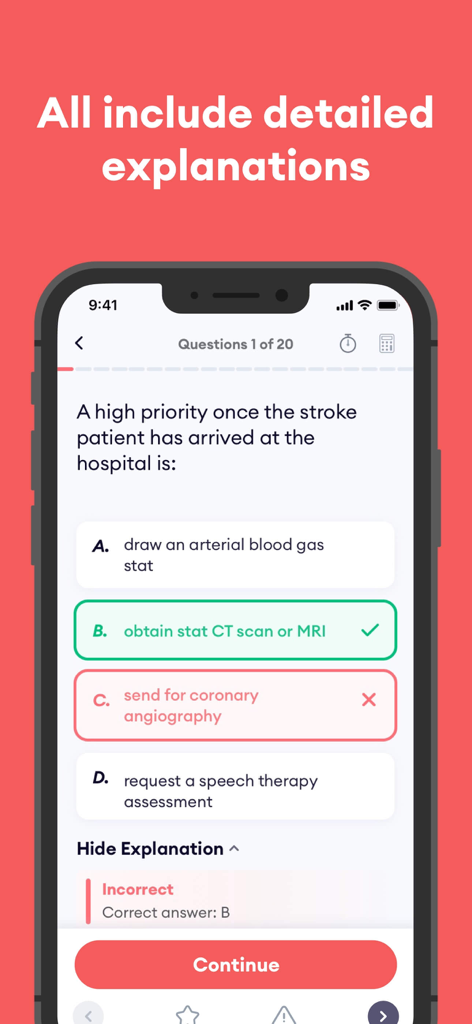 Tela de questão de prática do exame ACLS mostrando uma resposta incorreta e um prompt para explicações detalhadas.