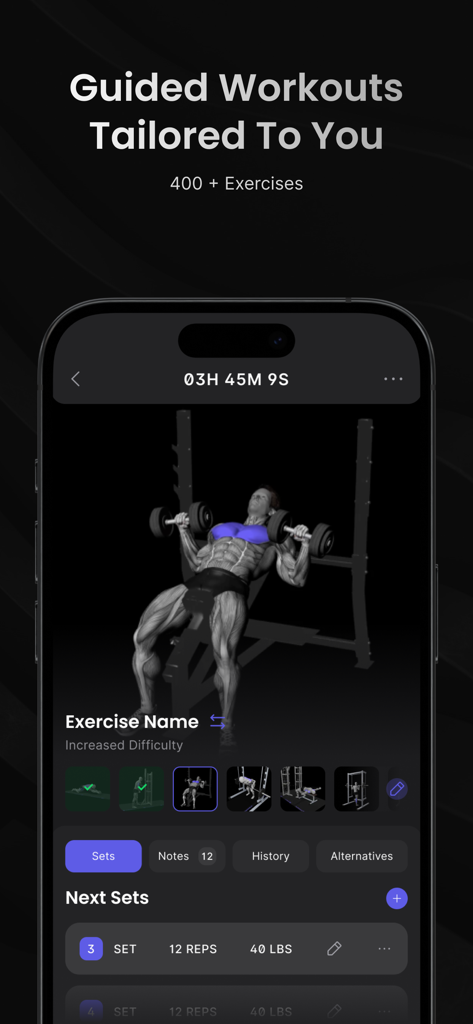 Coachify AI mobile app interface showing a 3D anatomical model performing a bench press with workout tracking details for sets and reps.