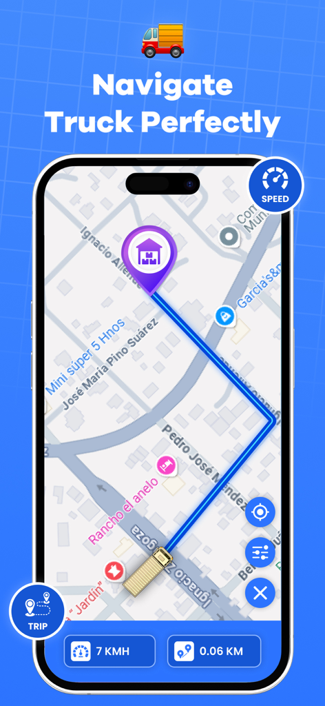 Uma tela de smartphone exibindo o aplicativo Truck GPS com um caminhão navegando em uma rota azul em um mapa em direção a um pino de destino