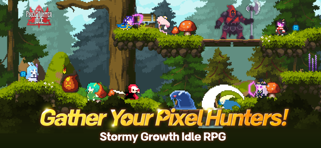Pixel Hunter Idle: Retro RPG - Retro pixel art hunters and monsters in a forest environment from Pixel Hunter Idle RPG