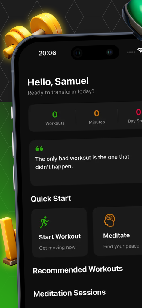 AVita Harmony - Painel do usuário do aplicativo AVita Harmony exibindo opções de treino e meditação personalizadas com estatísticas de progresso de atividade