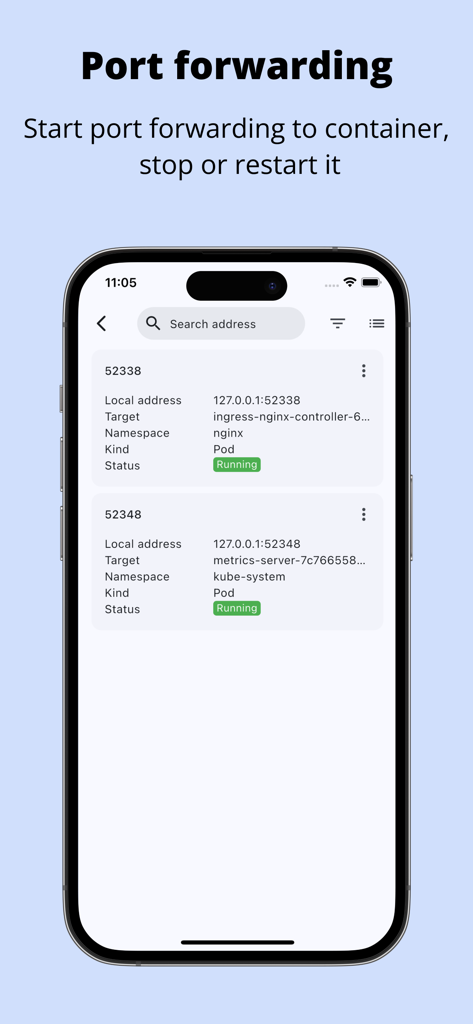 Kubeterm - Kubernetes client - Kubeterm app interface showing Kubernetes port forwarding management for active pods.